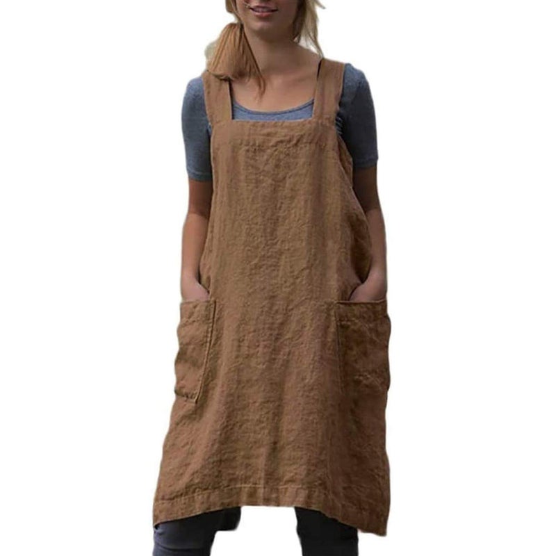 VLZUFE Cotton Linen Apron for women Cross Back Apron Pinafore Dress for Baking Cooking Gardening Work - Image 1